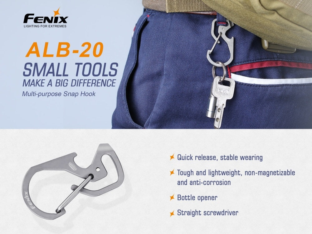 Fenix ALB-20 titanium multi-purpose snap hook thumbnail
Fenix ALB-20 snap hook tools and functions overview
Fenix ALB-20 snap hook multi-purpose use demonstration
Fenix ALB-20 snap hook TC4 titanium material and design
Fenix ALB-20 snap hook product packaging
