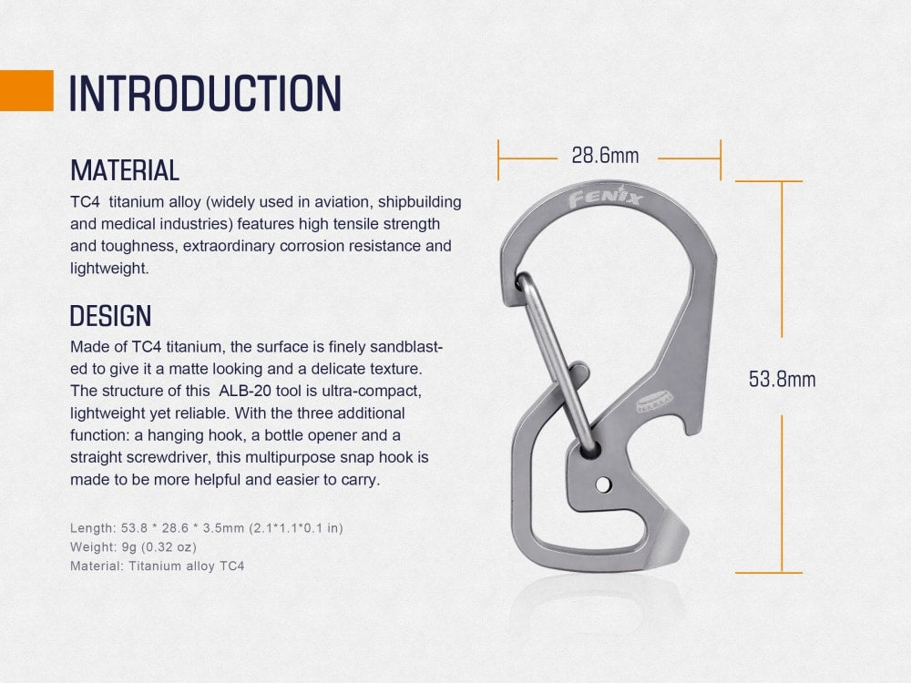 Fenix ALB-20 titanium multi-purpose snap hook thumbnail
Fenix ALB-20 snap hook tools and functions overview
Fenix ALB-20 snap hook multi-purpose use demonstration
Fenix ALB-20 snap hook TC4 titanium material and design
Fenix ALB-20 snap hook product packaging