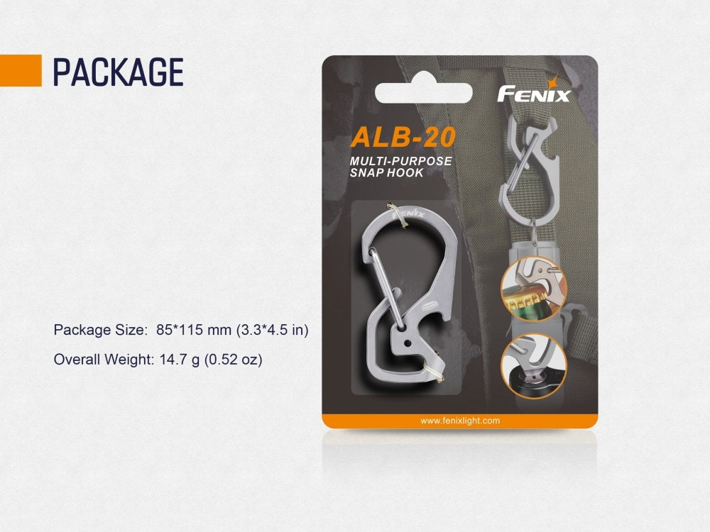 Fenix ALB-20 titanium multi-purpose snap hook thumbnail
Fenix ALB-20 snap hook tools and functions overview
Fenix ALB-20 snap hook multi-purpose use demonstration
Fenix ALB-20 snap hook TC4 titanium material and design
Fenix ALB-20 snap hook product packaging