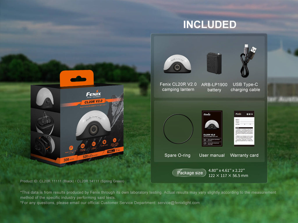 Fenix CL20R V2 multicolor camping lantern thumbnail
Fenix CL20R V2 camping lantern main product view
Fenix CL20R V2 camping lantern in use at campsite
Fenix CL20R V2 camping lantern single-switch interface closeup
Fenix CL20R V2 camping lantern RGB color lighting animation
Fenix CL20R V2 camping lantern RGB ring lighting animation
Fenix CL20R V2 camping lantern delay-off function demonstration
Fenix CL20R V2 camping lantern shape and size profile
Fenix CL20R V2 camping lantern available color options
Fenix 