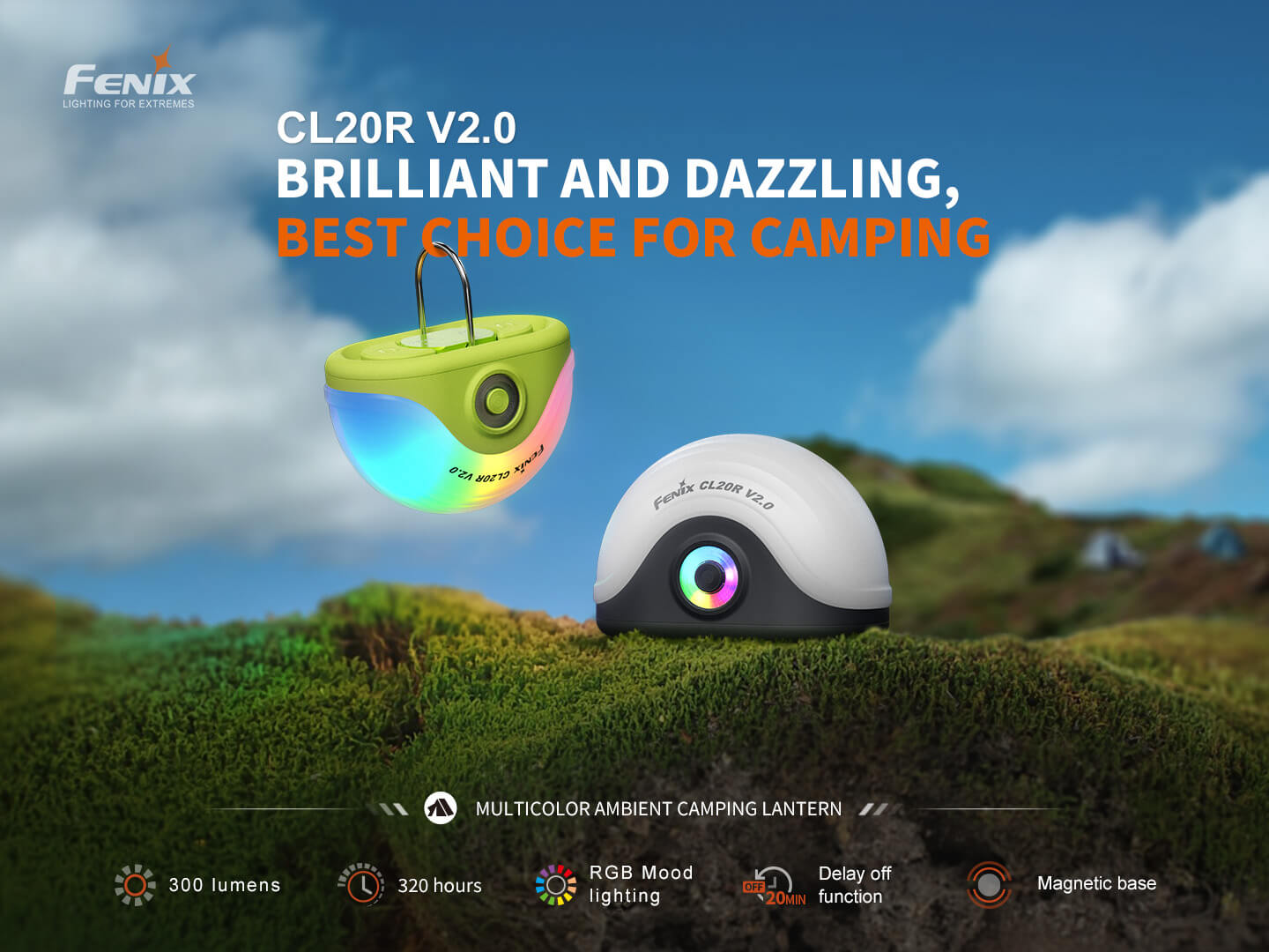 Fenix CL20R V2 multicolor camping lantern thumbnail
Fenix CL20R V2 camping lantern main product view
Fenix CL20R V2 camping lantern in use at campsite
Fenix CL20R V2 camping lantern single-switch interface closeup
Fenix CL20R V2 camping lantern RGB color lighting animation
Fenix CL20R V2 camping lantern RGB ring lighting animation
Fenix CL20R V2 camping lantern delay-off function demonstration
Fenix CL20R V2 camping lantern shape and size profile
Fenix CL20R V2 camping lantern available color options
Fenix 