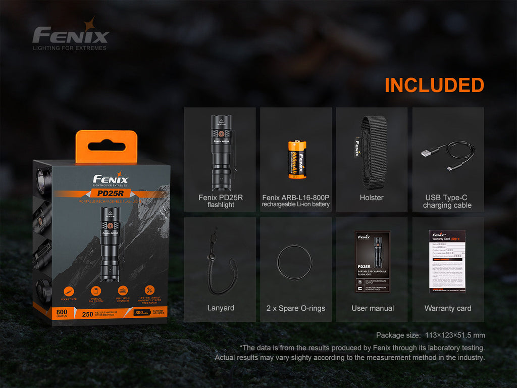 Fenix PD25R rechargeable LED flashlight thumbnail
Fenix PD25R flashlight size comparison
Fenix PD25R rechargeable LED flashlight main product view
Fenix PD25R flashlight battery level indicator display
Fenix PD25R flashlight two-way pocket clip closeup
Fenix PD25R flashlight with 16340 rechargeable battery
Fenix PD25R flashlight IP68 waterproof demonstration
Fenix PD25R flashlight special features overview
Fenix PD25R flashlight USB-C charging port animation
Fenix PD25R flashlight tactical tail switch close