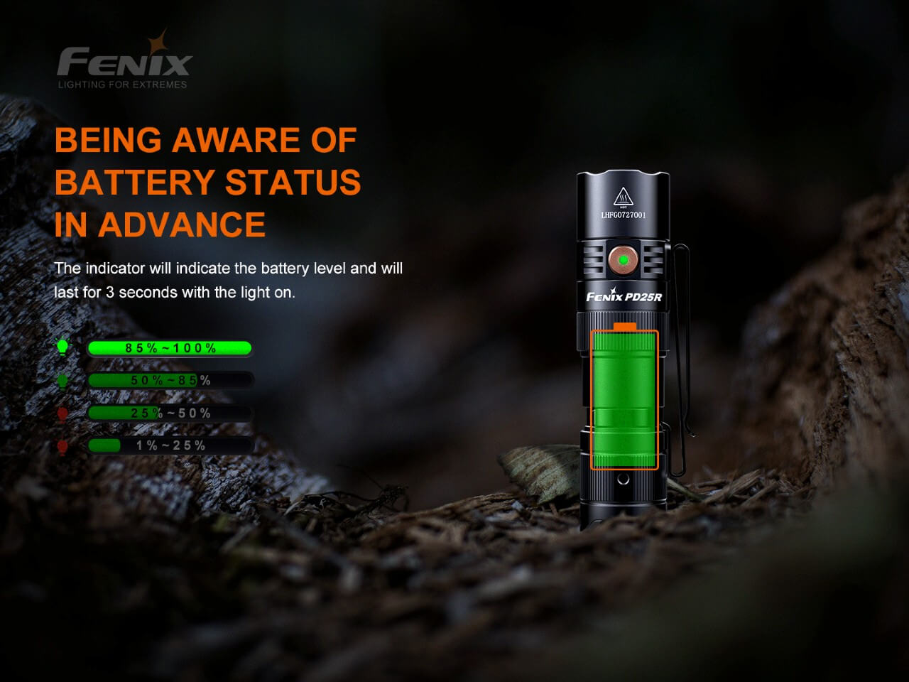 Fenix PD25R rechargeable LED flashlight thumbnail
Fenix PD25R flashlight size comparison
Fenix PD25R rechargeable LED flashlight main product view
Fenix PD25R flashlight battery level indicator display
Fenix PD25R flashlight two-way pocket clip closeup
Fenix PD25R flashlight with 16340 rechargeable battery
Fenix PD25R flashlight IP68 waterproof demonstration
Fenix PD25R flashlight special features overview
Fenix PD25R flashlight USB-C charging port animation
Fenix PD25R flashlight tactical tail switch close