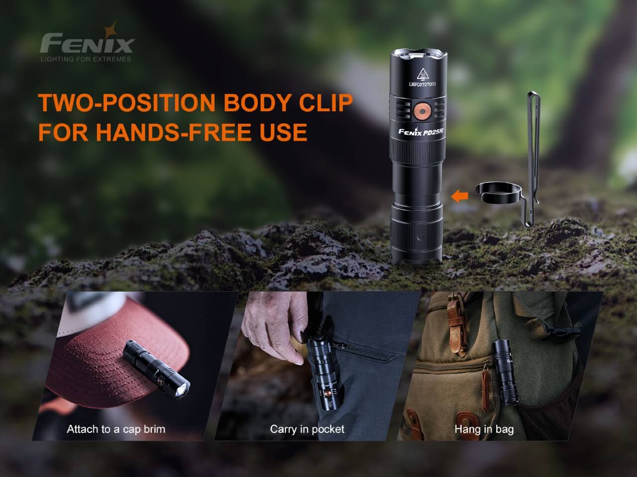 Fenix PD25R rechargeable LED flashlight thumbnail
Fenix PD25R flashlight size comparison
Fenix PD25R rechargeable LED flashlight main product view
Fenix PD25R flashlight battery level indicator display
Fenix PD25R flashlight two-way pocket clip closeup
Fenix PD25R flashlight with 16340 rechargeable battery
Fenix PD25R flashlight IP68 waterproof demonstration
Fenix PD25R flashlight special features overview
Fenix PD25R flashlight USB-C charging port animation
Fenix PD25R flashlight tactical tail switch close