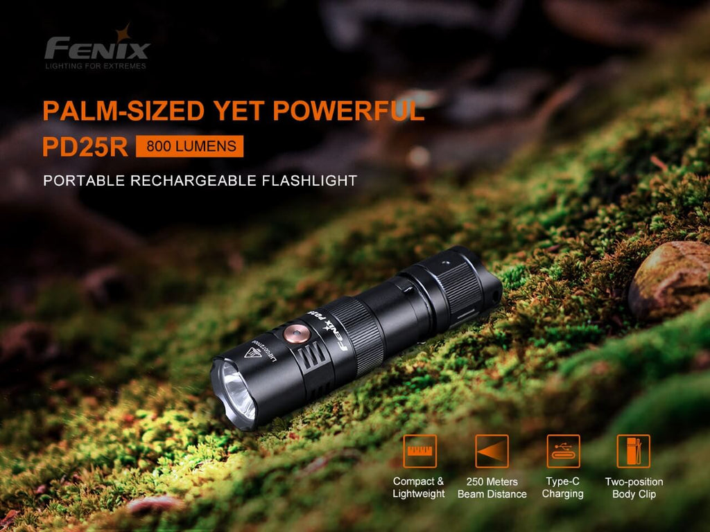 Fenix PD25R rechargeable LED flashlight thumbnail
Fenix PD25R flashlight size comparison
Fenix PD25R rechargeable LED flashlight main product view
Fenix PD25R flashlight battery level indicator display
Fenix PD25R flashlight two-way pocket clip closeup
Fenix PD25R flashlight with 16340 rechargeable battery
Fenix PD25R flashlight IP68 waterproof demonstration
Fenix PD25R flashlight special features overview
Fenix PD25R flashlight USB-C charging port animation
Fenix PD25R flashlight tactical tail switch close