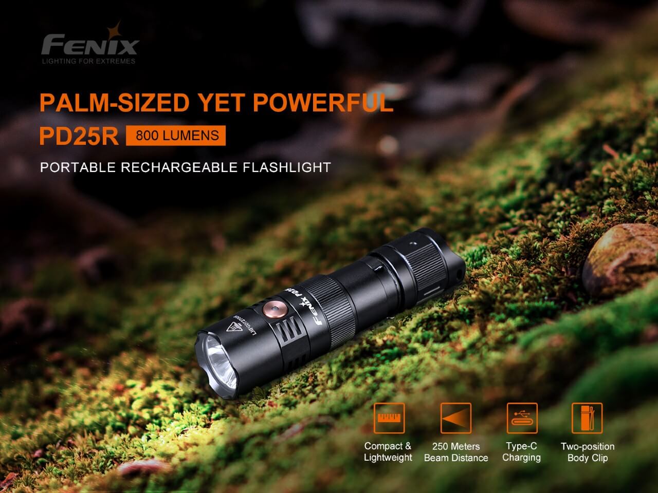 Fenix PD25R rechargeable LED flashlight thumbnail
Fenix PD25R flashlight size comparison
Fenix PD25R rechargeable LED flashlight main product view
Fenix PD25R flashlight battery level indicator display
Fenix PD25R flashlight two-way pocket clip closeup
Fenix PD25R flashlight with 16340 rechargeable battery
Fenix PD25R flashlight IP68 waterproof demonstration
Fenix PD25R flashlight special features overview
Fenix PD25R flashlight USB-C charging port animation
Fenix PD25R flashlight tactical tail switch close