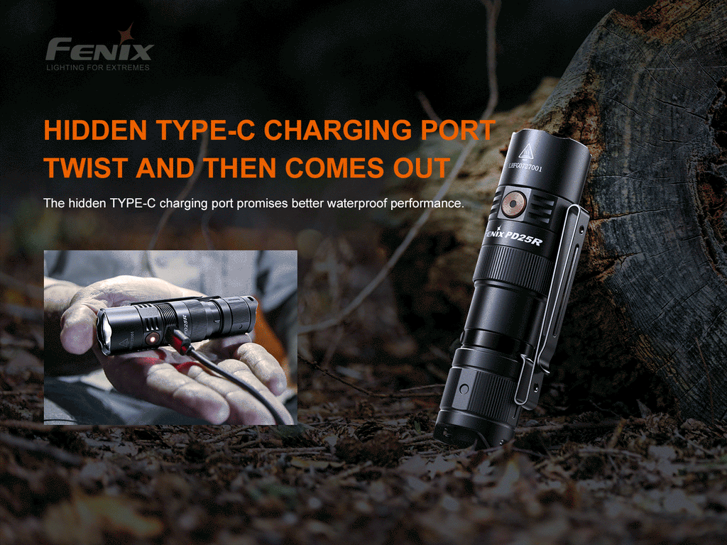 Fenix PD25R rechargeable LED flashlight thumbnail
Fenix PD25R flashlight size comparison
Fenix PD25R rechargeable LED flashlight main product view
Fenix PD25R flashlight battery level indicator display
Fenix PD25R flashlight two-way pocket clip closeup
Fenix PD25R flashlight with 16340 rechargeable battery
Fenix PD25R flashlight IP68 waterproof demonstration
Fenix PD25R flashlight special features overview
Fenix PD25R flashlight USB-C charging port animation
Fenix PD25R flashlight tactical tail switch close