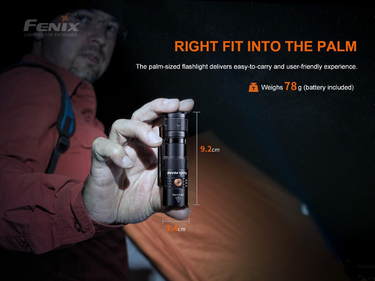 Fenix PD25R rechargeable LED flashlight thumbnail
Fenix PD25R flashlight size comparison
Fenix PD25R rechargeable LED flashlight main product view
Fenix PD25R flashlight battery level indicator display
Fenix PD25R flashlight two-way pocket clip closeup
Fenix PD25R flashlight with 16340 rechargeable battery
Fenix PD25R flashlight IP68 waterproof demonstration
Fenix PD25R flashlight special features overview
Fenix PD25R flashlight USB-C charging port animation
Fenix PD25R flashlight tactical tail switch close