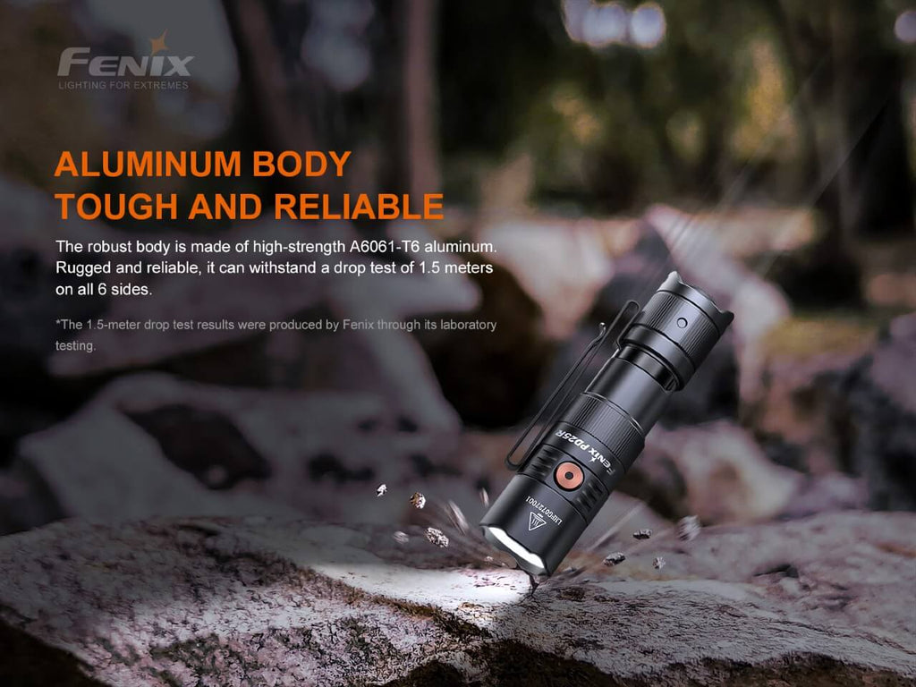 Fenix PD25R rechargeable LED flashlight thumbnail
Fenix PD25R flashlight size comparison
Fenix PD25R rechargeable LED flashlight main product view
Fenix PD25R flashlight battery level indicator display
Fenix PD25R flashlight two-way pocket clip closeup
Fenix PD25R flashlight with 16340 rechargeable battery
Fenix PD25R flashlight IP68 waterproof demonstration
Fenix PD25R flashlight special features overview
Fenix PD25R flashlight USB-C charging port animation
Fenix PD25R flashlight tactical tail switch close