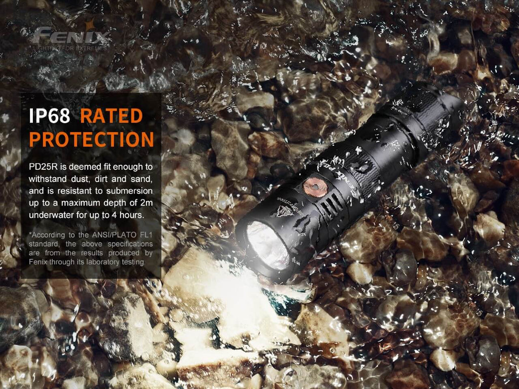 Fenix PD25R rechargeable LED flashlight thumbnail
Fenix PD25R flashlight size comparison
Fenix PD25R rechargeable LED flashlight main product view
Fenix PD25R flashlight battery level indicator display
Fenix PD25R flashlight two-way pocket clip closeup
Fenix PD25R flashlight with 16340 rechargeable battery
Fenix PD25R flashlight IP68 waterproof demonstration
Fenix PD25R flashlight special features overview
Fenix PD25R flashlight USB-C charging port animation
Fenix PD25R flashlight tactical tail switch close